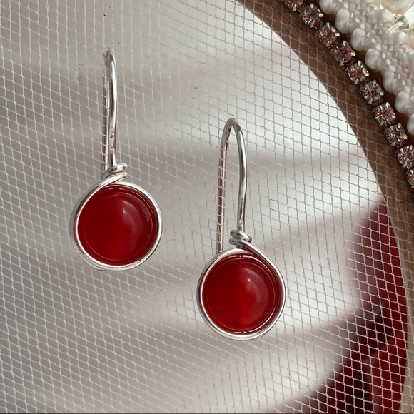 Red Jade & Silver Wire Wrapped Minimalist Earrings - Picture 3 of 12